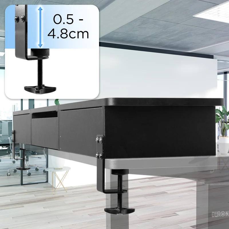 Duronic DD3 BK Monitorständer, breites Schreibtisch Regal 120 x 25 x 11,5 cm, Schreibtischaufsatz mit XXL Schubladen, Monitorerhöhung für 2 Monitore, rutschfeste Tischklemmen, Gaming Home Office
