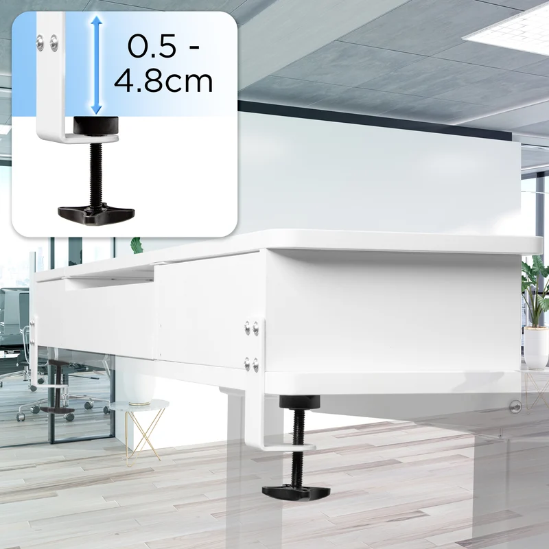 Duronic DD3 WE Monitorständer, breites Schreibtisch Regal 120 x 25 x 11,5 cm, Schreibtischaufsatz mit XXL Schubladen, Monitorerhöhung für 2 Monitore, rutschfeste Tischklemmen, Gaming Home Office