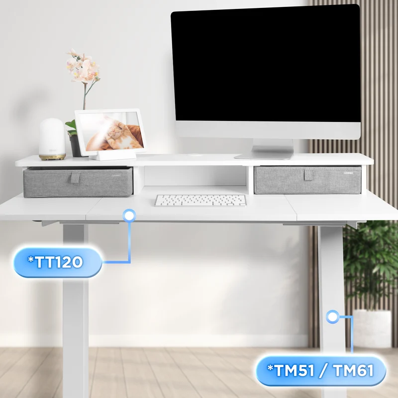 Duronic DD3 WE Monitorständer, breites Schreibtisch Regal 120 x 25 x 11,5 cm, Schreibtischaufsatz mit XXL Schubladen, Monitorerhöhung für 2 Monitore, rutschfeste Tischklemmen, Gaming Home Office