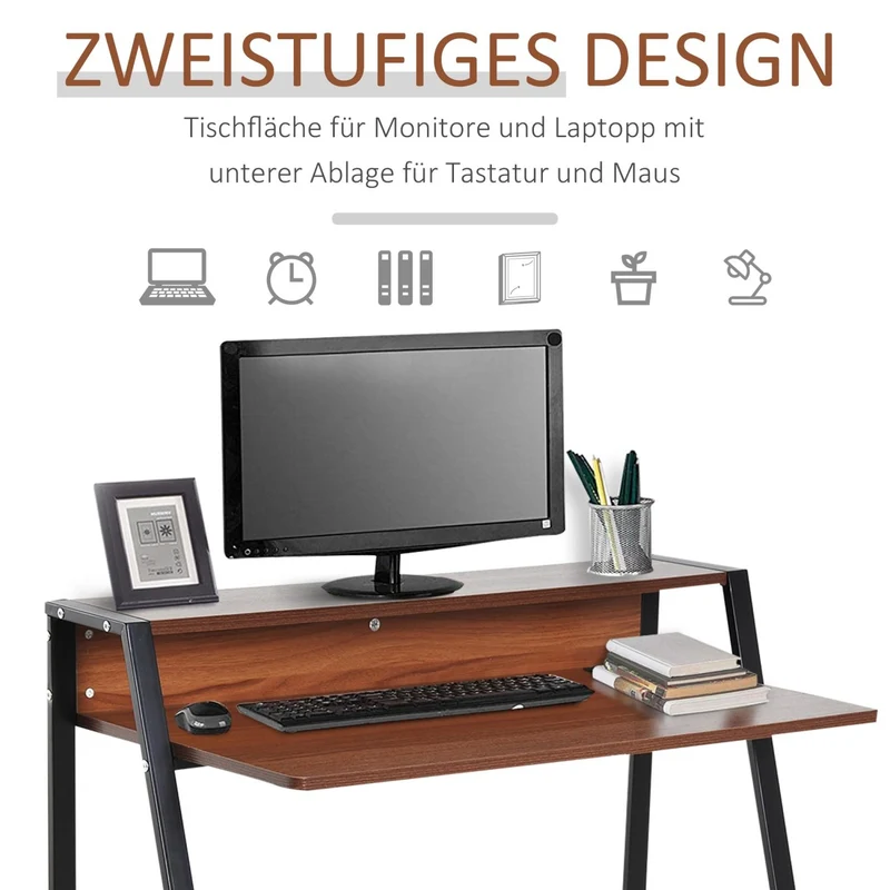 HOMCOM – Kompakter Computertisch mit Ablage und Kabeldurchlass, 84 × 45 × 85 cm, MDF und Metall, Walnuss/Schwarz
