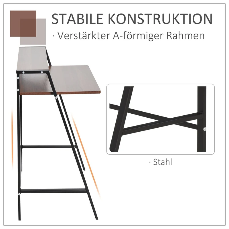 HOMCOM – Kompakter Computertisch mit Ablage und Kabeldurchlass, 84 × 45 × 85 cm, MDF und Metall, Walnuss/Schwarz