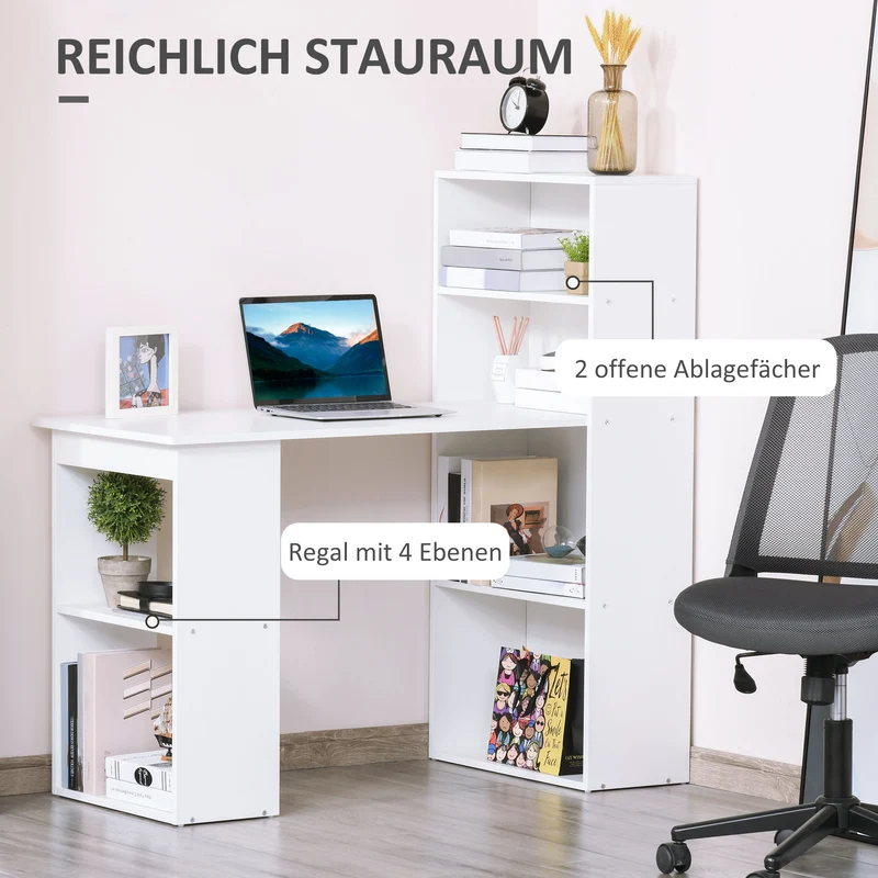 HOMCOM - Schreibtisch, mit Regal, Computertisch, Arbeitstisch, Laptoptisch, Büroregal, Weiß, 120x55x120cm