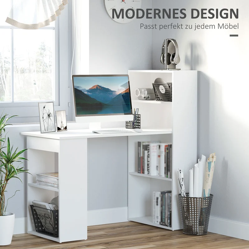 HOMCOM - Schreibtisch, mit Regal, Computertisch, Arbeitstisch, Laptoptisch, Büroregal, Weiß, 120x55x120cm
