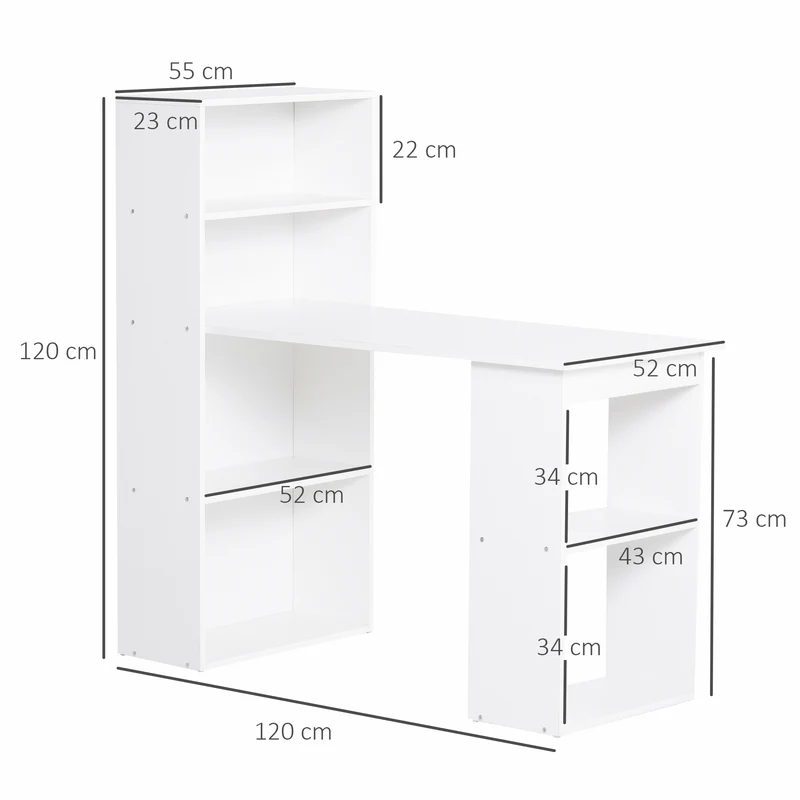 HOMCOM - Schreibtisch, mit Regal, Computertisch, Arbeitstisch, Laptoptisch, Büroregal, Weiß, 120x55x120cm