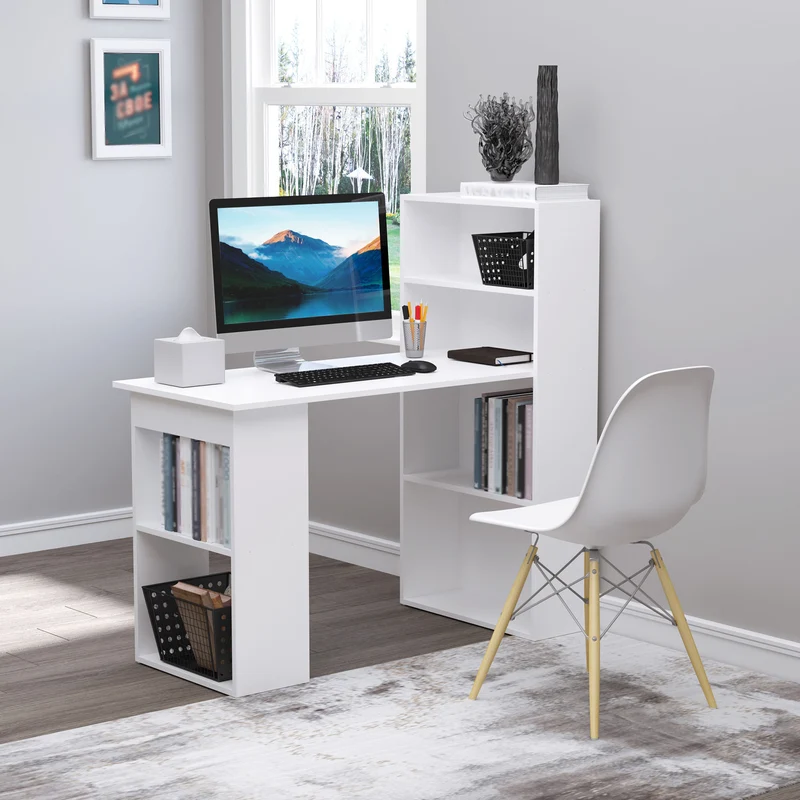 HOMCOM - Schreibtisch, mit Regal, Computertisch, Arbeitstisch, Laptoptisch, Büroregal, Weiß, 120x55x120cm