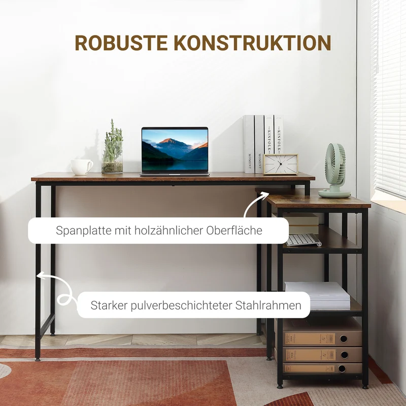 HOMCOM - Eckschreibtisch, Schreibtisch L Form, L Schreibtisch, Schreibtisch mit Stauraum, Bürotisch, Spanplatte Metall, Rustikales Braun, 135x90x79 cm