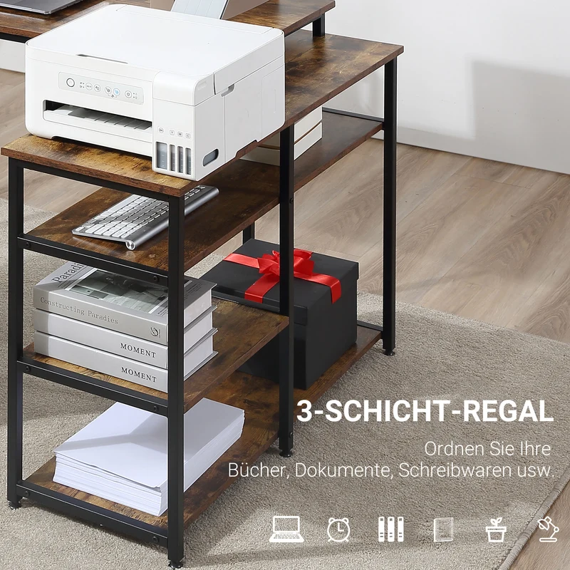 HOMCOM - Eckschreibtisch, Schreibtisch L Form, L Schreibtisch, Schreibtisch mit Stauraum, Bürotisch, Spanplatte Metall, Rustikales Braun, 135x90x79 cm
