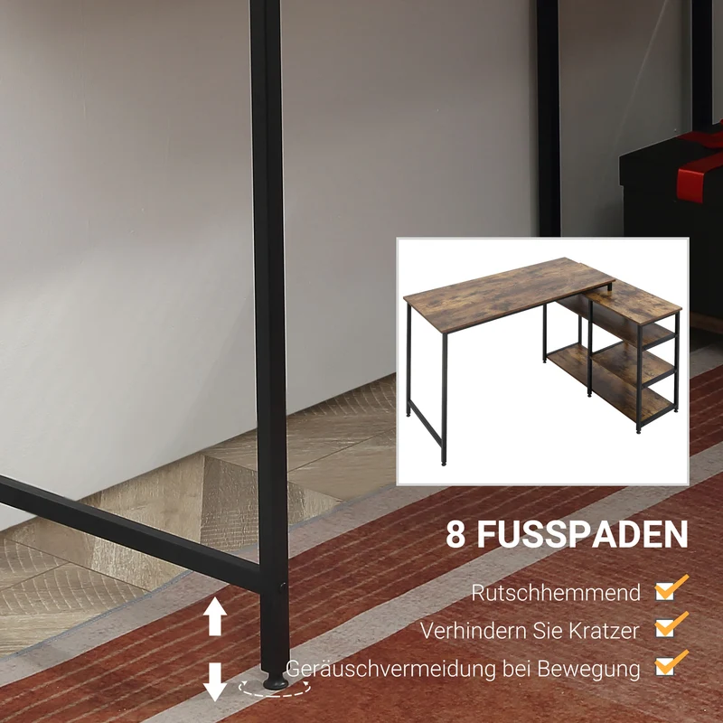 HOMCOM - Eckschreibtisch, Schreibtisch L Form, L Schreibtisch, Schreibtisch mit Stauraum, Bürotisch, Spanplatte Metall, Rustikales Braun, 135x90x79 cm
