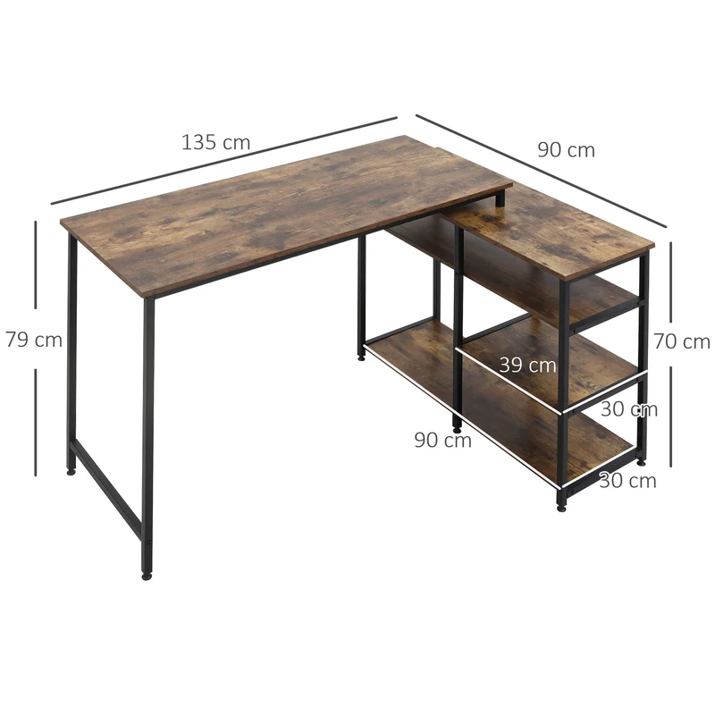 HOMCOM - Eckschreibtisch, Schreibtisch L Form, L Schreibtisch, Schreibtisch mit Stauraum, Bürotisch, Spanplatte Metall, Rustikales Braun, 135x90x79 cm