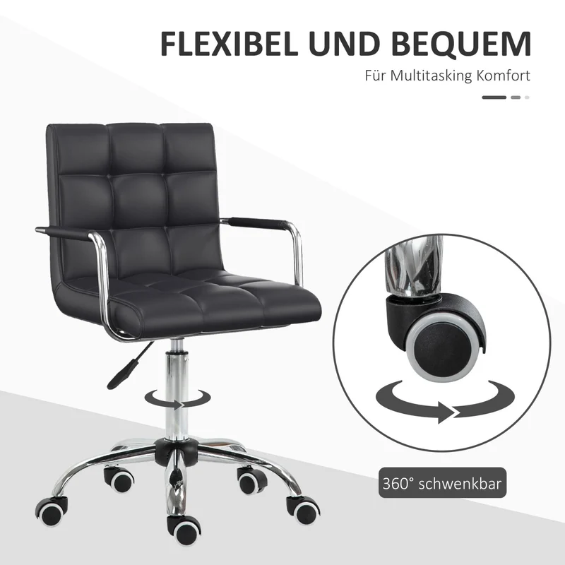 HOMCOM - Bürostuhl, Ergonomischer Bürostuhl, Drehstuhl, Schreibtischstuhl, Kosmetikhocker Rollhocker Arbeitshocker Chefsessel, Metall PU Schwarz
