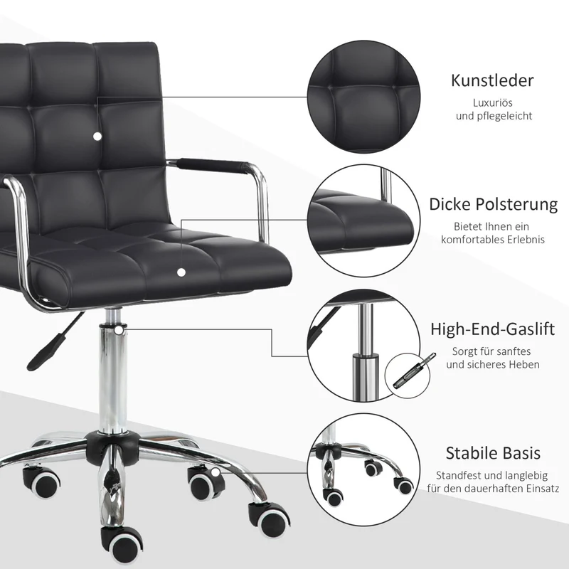 HOMCOM - Bürostuhl, Ergonomischer Bürostuhl, Drehstuhl, Schreibtischstuhl, Kosmetikhocker Rollhocker Arbeitshocker Chefsessel, Metall PU Schwarz