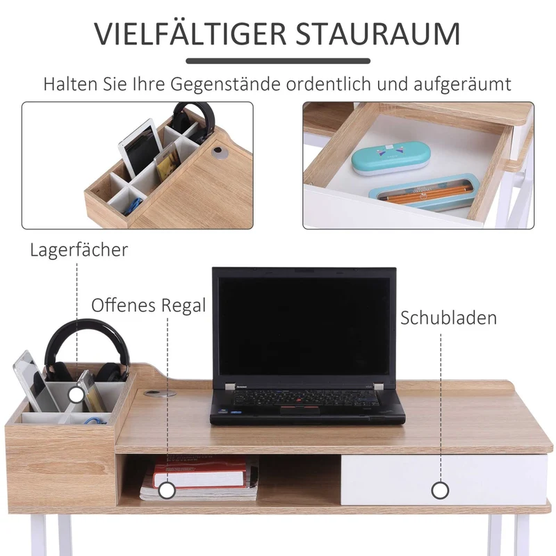 HOMCOM - Schreibtisch, mit Ablagefächern Computertisch, PC Tisch, Bürotisch, vielseitig, mit Schublade, Breite Tischplatte