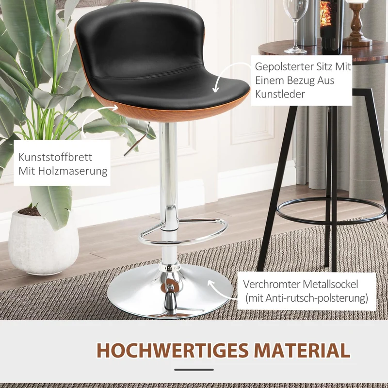 HOMCOM - Barhocker höhenverstellbar, Barhocker 2er set, mit Fußstütze, Barstuhl mit Rückenlehne, Bistrohocker, Barhocker küche drehbar, PU, Schwarz