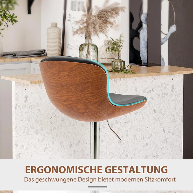 HOMCOM - Barhocker höhenverstellbar, Barhocker 2er set, mit Fußstütze, Barstuhl mit Rückenlehne, Bistrohocker, Barhocker küche drehbar, PU, Schwarz