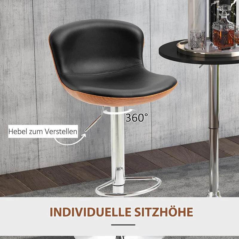 HOMCOM - Barhocker höhenverstellbar, Barhocker 2er set, mit Fußstütze, Barstuhl mit Rückenlehne, Bistrohocker, Barhocker küche drehbar, PU, Schwarz