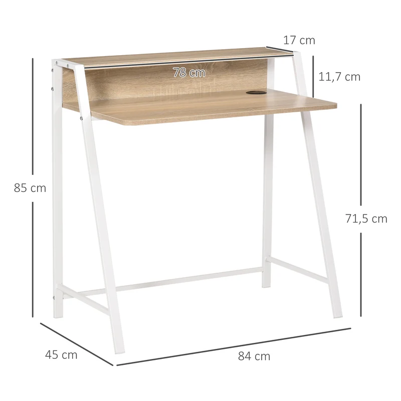 HOMCOM - Schreibtisch Moderner Computertisch mit Ablagefach & Kabeldurchlass, Metallgestell, Weiß+Eiche, 84x45x85cm