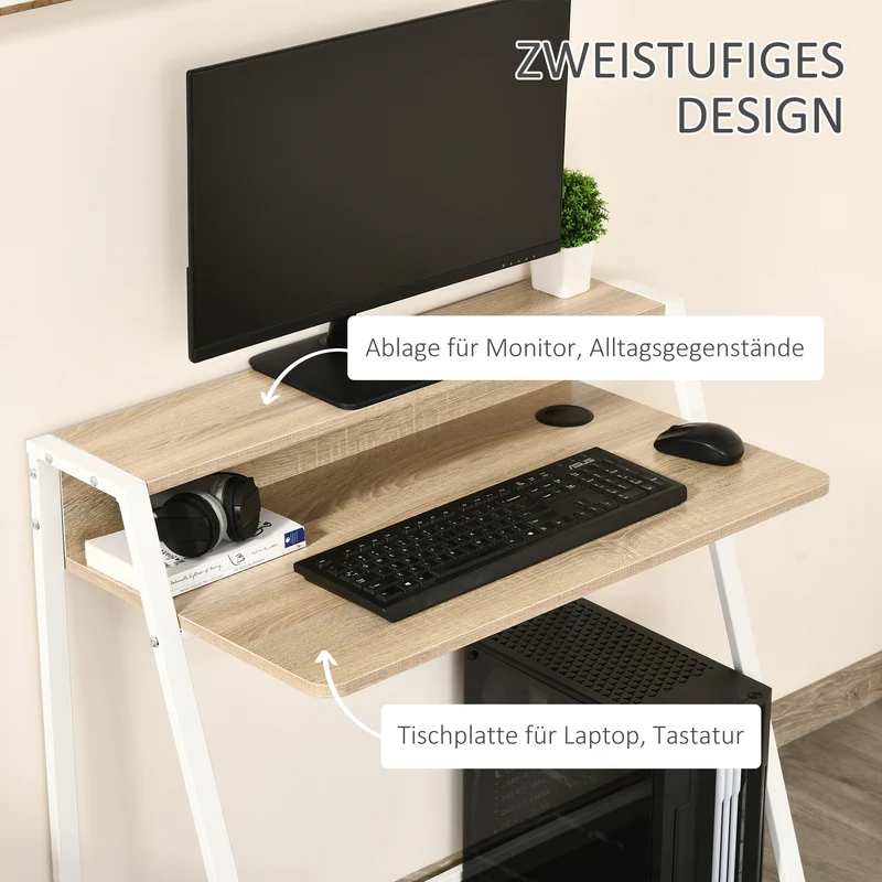 HOMCOM - Schreibtisch Moderner Computertisch mit Ablagefach & Kabeldurchlass, Metallgestell, Weiß+Eiche, 84x45x85cm