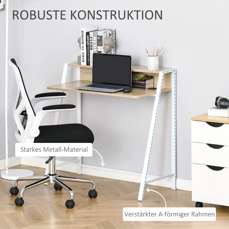 HOMCOM - Schreibtisch Moderner Computertisch mit Ablagefach & Kabeldurchlass, Metallgestell, Weiß+Eiche, 84x45x85cm