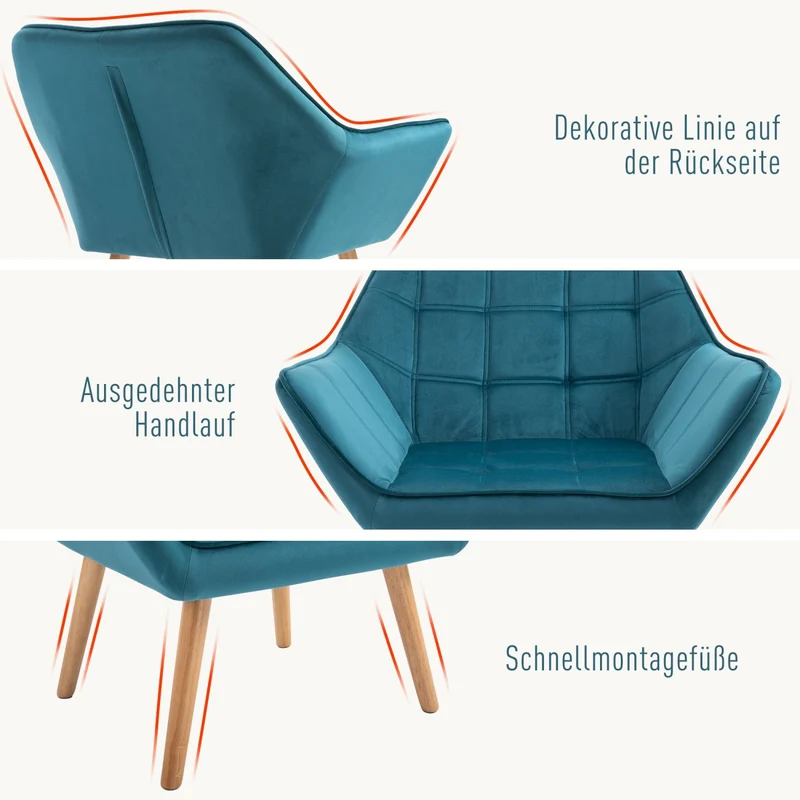 HOMCOM - Sessel Modern, Einzelsessel, TV Sessel, Ohrensessel Relaxsessel, Samt, erhöhte Beine, samtartiges Polyester, skandinavisch design