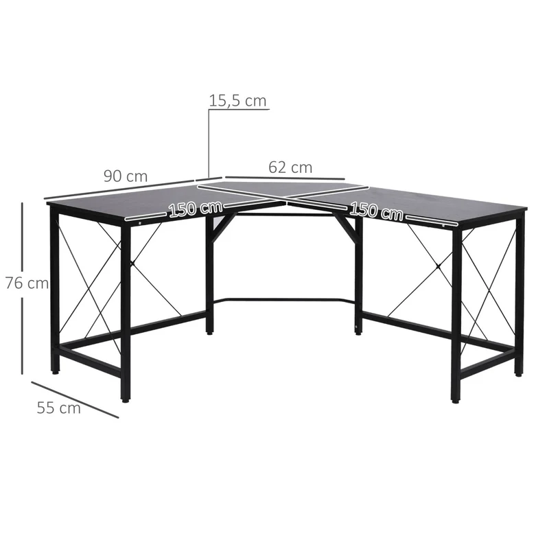 HOMCOM – L-förmiger Eckschreibtisch, 150 × 150 × 76 cm, bis 70 kg, MDF und Metall, Schwarz