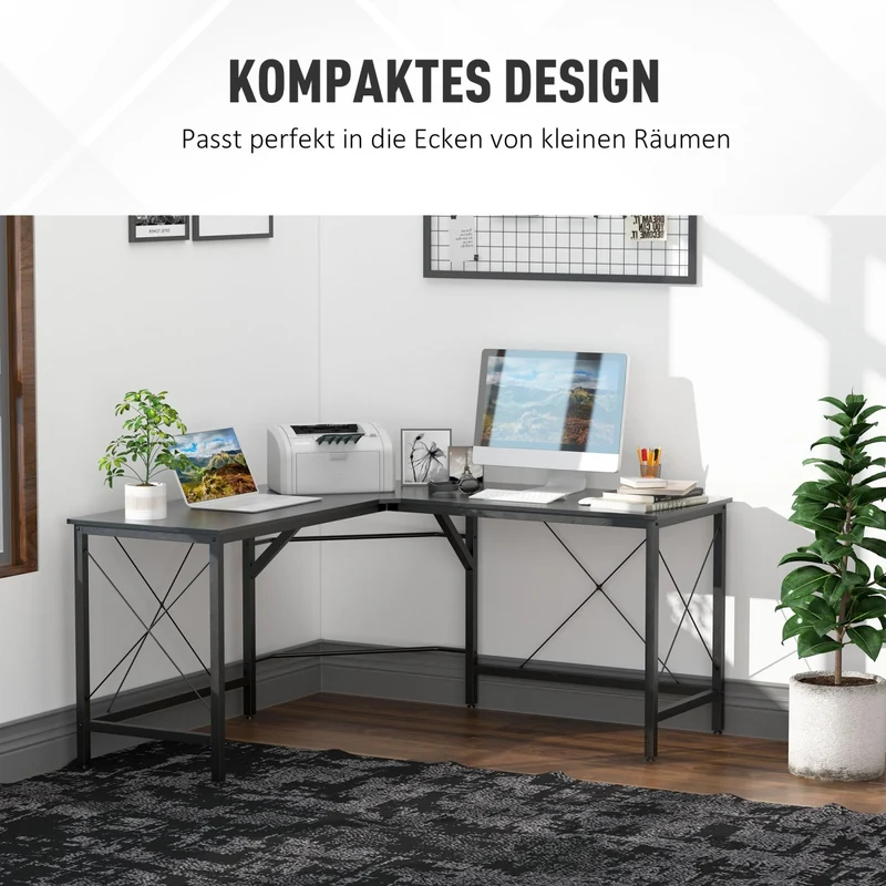 HOMCOM – L-förmiger Eckschreibtisch, 150 × 150 × 76 cm, bis 70 kg, MDF und Metall, Schwarz