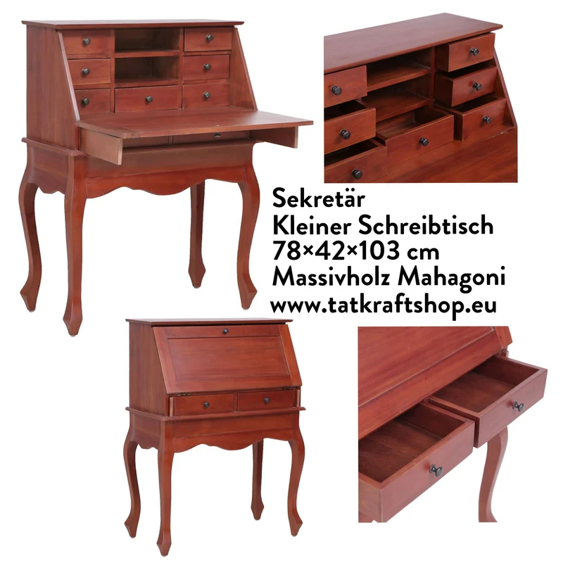 vidaXL - Sekretär, Kleiner Schreibtisch, 78×42×103 cm, Mit 9 Schubladen, 2 offenen Fächern und einer Klappschreibtafel, Massivholz Mahagoni, Braun