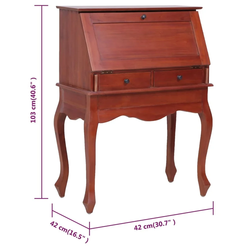 vidaXL - Sekretär, Kleiner Schreibtisch, 78×42×103 cm, Mit 9 Schubladen, 2 offenen Fächern und einer Klappschreibtafel, Massivholz Mahagoni, Braun