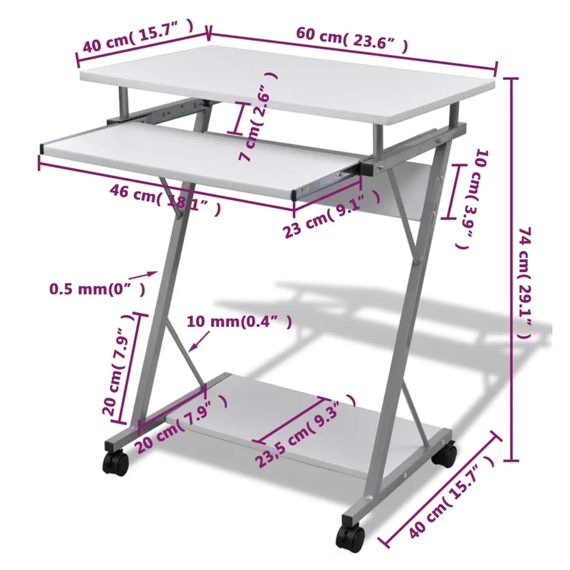 vidaXL - Schreibtisch, Kleiner Schreibtisch, Bürotisch, Laptoptisch, Schreibtisch Holz, Computerwagen, Laptoptisch auf Rollen, Weiß