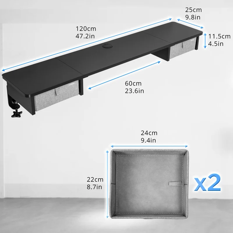 Duronic DD2 BK Schreibtischaufsatz für 2 Monitore, Schreibtisch Erweiterung mit Schubladen, 120 x 25 x 11,5 cm, Monitorerhöhung mit Tischklemmen, Gaming Home Office Monitorständer, Extra Breit