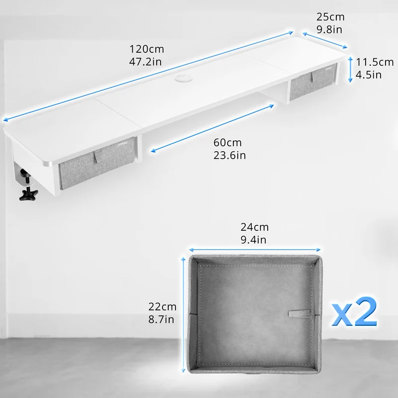 Duronic DD2 WE Schreibtischaufsatz für 2 Monitore, Schreibtisch Erweiterung mit Schubladen, 120 x 25 x 11,5 cm, Monitorerhöhung mit Tischklemmen, Gaming Home Office Monitorständer, Extra Breit