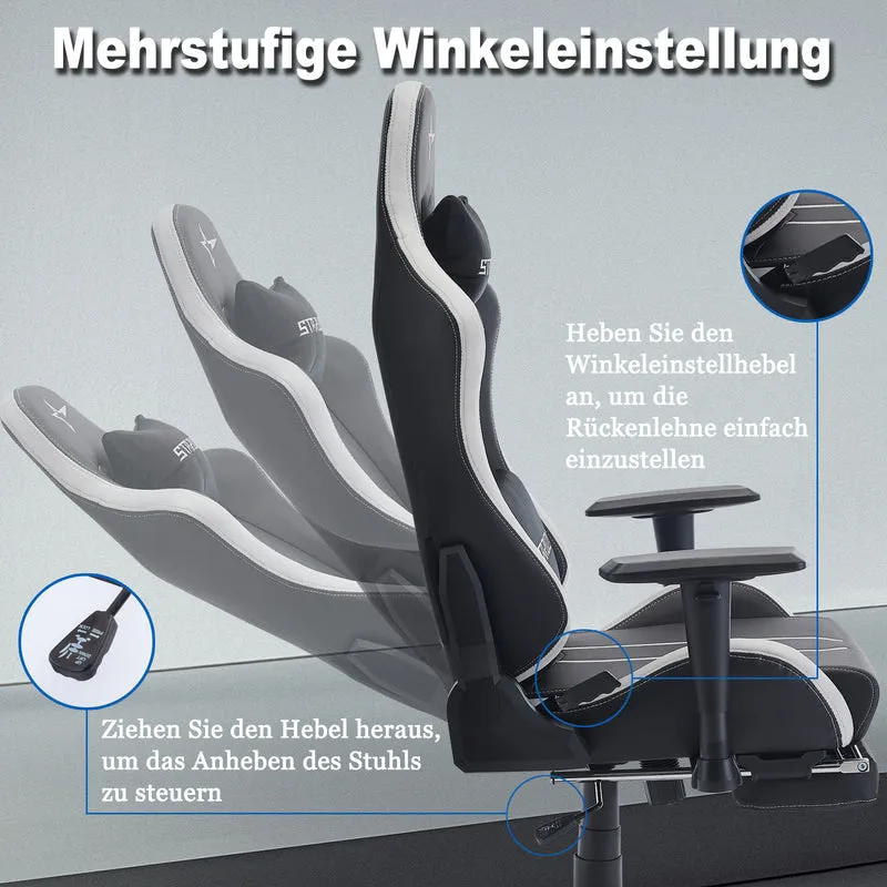 STARUZI Ergonomischer Gaming Stuhl/Gamer Stuhl mit Fußstütze, 180 kg Belastbarkeit, PU Leder Gaming Chair mit Verstellbaren Armlehnen, Rückenlehne und Sitzhöhe, Grau
