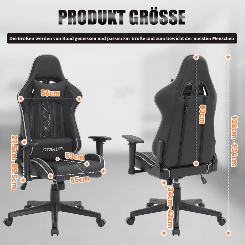 STARUZI Gaming Stuhl, Gaming Stuhl Ergonomisch, Hohe Rückenlehne Gaming Stuhl/Bürostuhl mit verstellbare Lendenkissen, Kopfkissen und Armlehnen, Gaming Stuhl 150 kg Belastbarkeit, Schwarz Grau.
