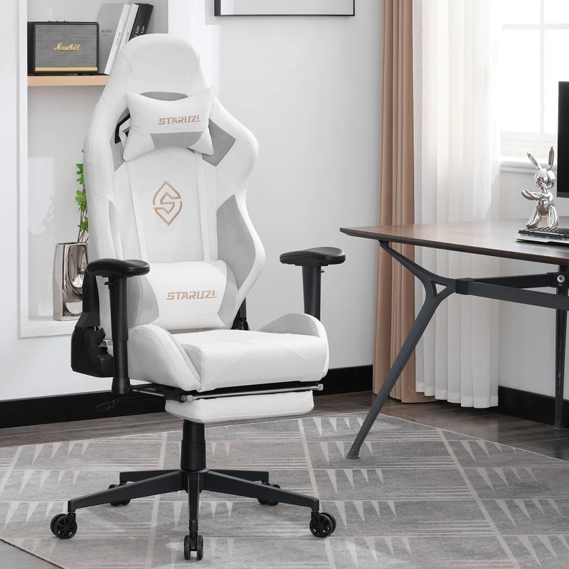STARUZI Ergonomischer Gaming Stuhl 180 kg Belastbarkeit, Computer Stuhl aus Wildlederimitat Stoff für Kinder/Junge Mädchen/Erwachsener, Grau Bürostuhl mit Fußstütze（Weiß）