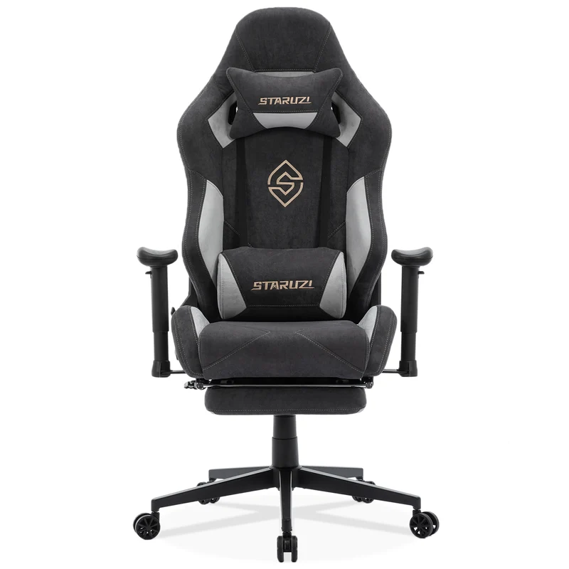 STARUZI Ergonomischer Gaming Stuhl 180 kg Belastbarkeit, Computer Stuhl aus Stoff für Kinder/Junge Mädchen/Erwachsener, Grau Bürostuhl mit Fußstütze（Schwarz）