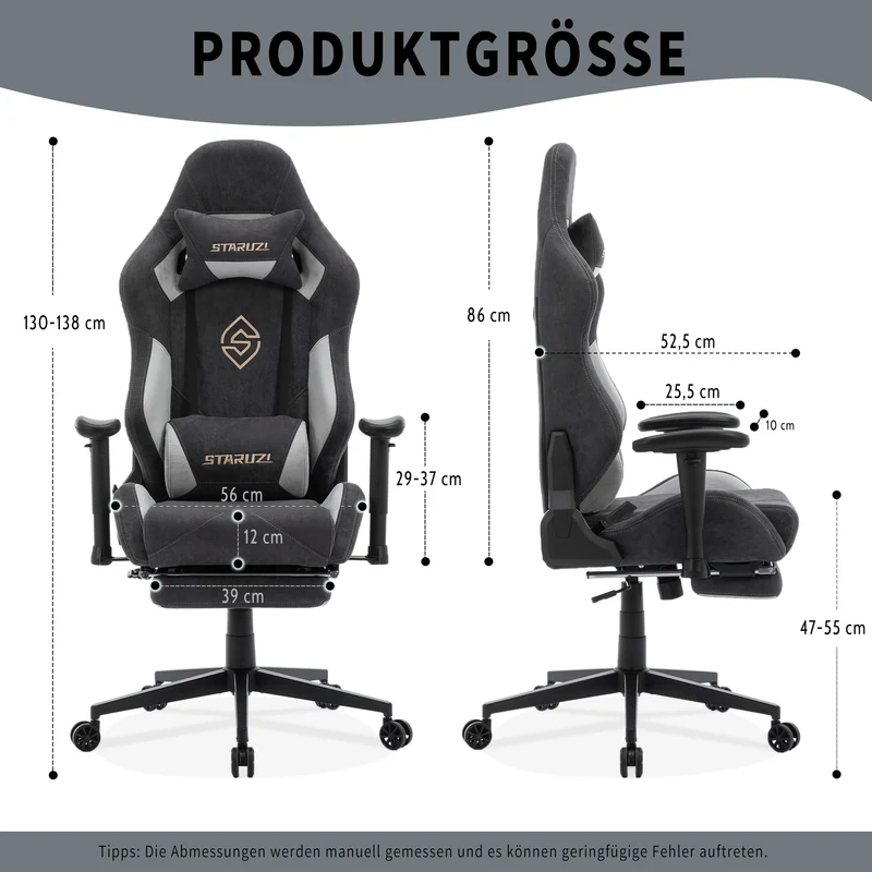 STARUZI Ergonomischer Gaming Stuhl 180 kg Belastbarkeit, Computer Stuhl aus Stoff für Kinder/Junge Mädchen/Erwachsener, Grau Bürostuhl mit Fußstütze（Schwarz）