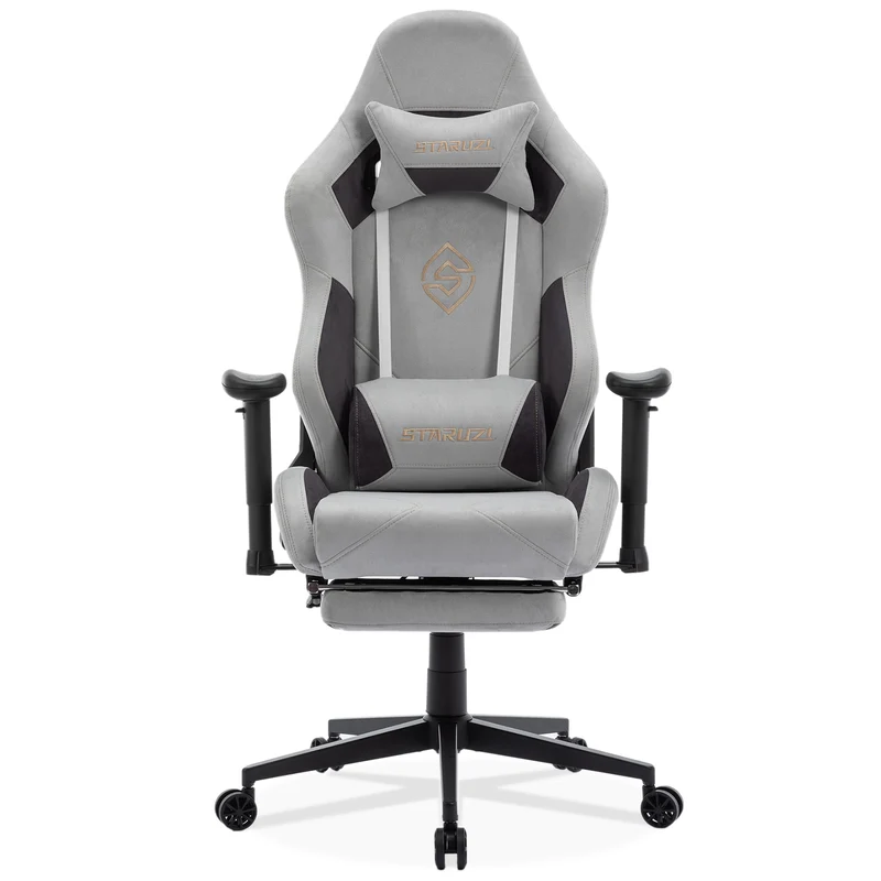 STARUZI Ergonomischer Gaming Stuhl 180 kg Belastbarkeit, Computer Stuhl aus Wildlederimitat Stoff für Kinder/Junge Mädchen/Erwachsener, Grau Bürostuhl mit Fußstütze（Grau）