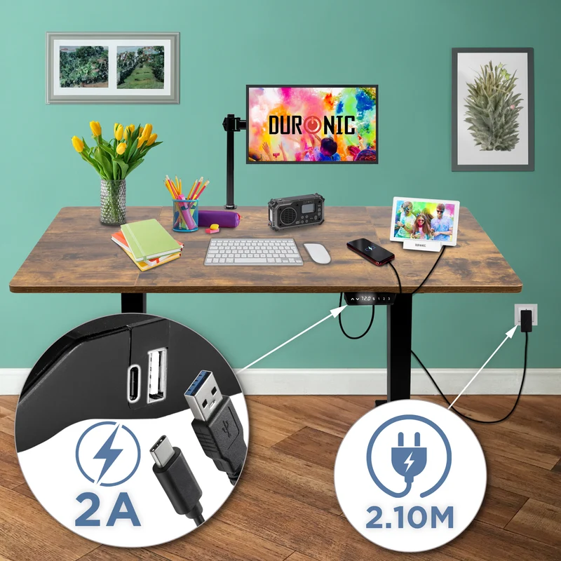 Duronic CD160 BO Höhenverstellbarer Schreibtisch, Computertisch für Büro und Gaming, elektrischer Schreibtisch mit USB Port, 160 x 60 cm Sitz-Steh-Schreibtisch, Höhenverstellbar von 72 bis 118 cm