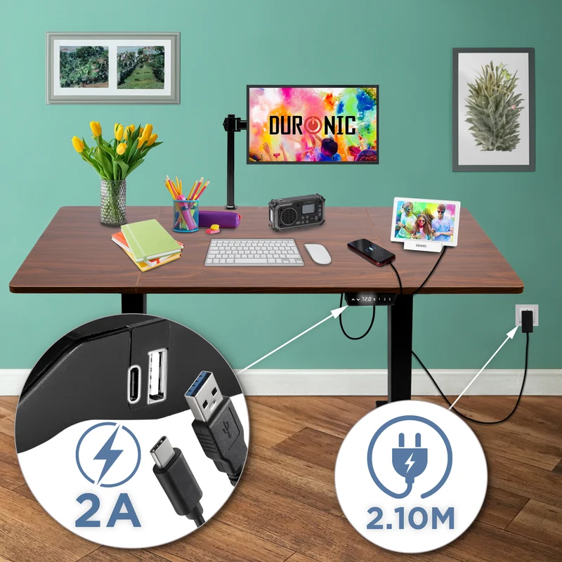 Duronic CD160 BT Höhenverstellbarer Schreibtisch, Computertisch für Büro und Gaming, elektrischer Schreibtisch mit USB Port, 160 x 60 cm Sitz-Steh-Schreibtisch, Höhenverstellbar von 72 bis 118 cm