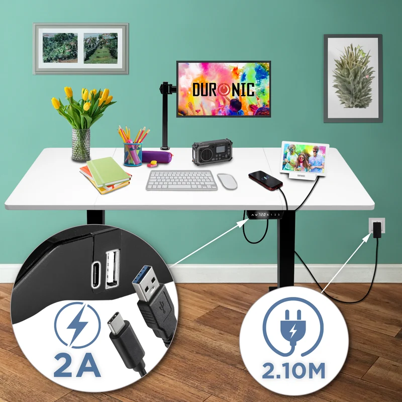 Duronic CD160 BW Höhenverstellbarer Schreibtisch, Computertisch für Büro und Gaming, elektrischer Schreibtisch mit USB Port, 160 x 60 cm Sitz-Steh-Schreibtisch, Höhenverstellbar von 72 bis 118 cm