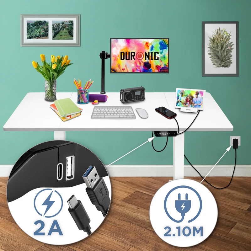 Duronic CD160 WE Höhenverstellbarer Schreibtisch, Computertisch für Büro und Gaming, elektrischer Schreibtisch mit USB Port, 160 x 60 cm Sitz-Steh-Schreibtisch, Höhenverstellbar von 72 bis 118 cm