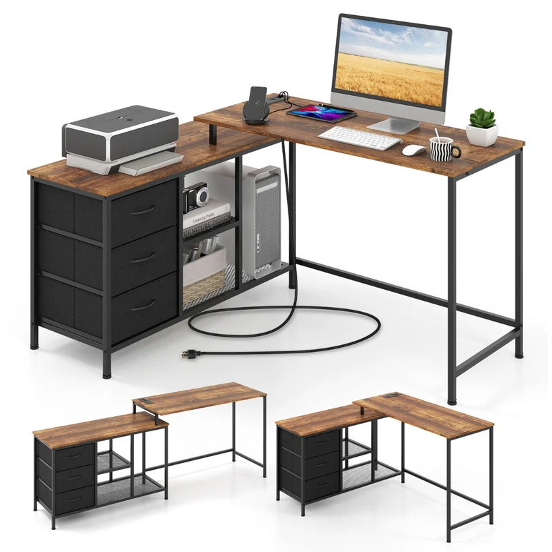 Costway 2-in-1 PC Tisch, verwandelbarer Eckschreibtisch oder 205 cm Computertisch, mit Steckdose, 2 USB-Anschlüssen, 3 Schubladen und Ablage