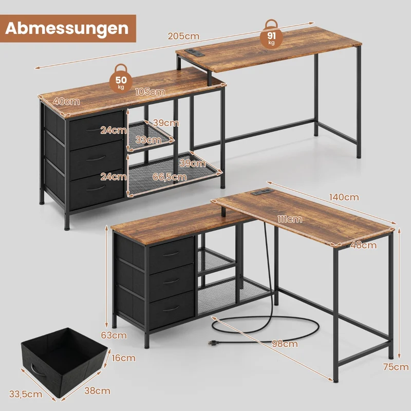 Costway 2-in-1 PC Tisch, verwandelbarer Eckschreibtisch oder 205 cm Computertisch, mit Steckdose, 2 USB-Anschlüssen, 3 Schubladen und Ablage
