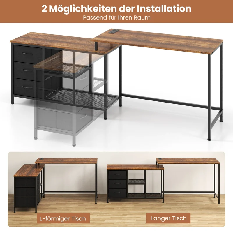 Costway 2-in-1 PC Tisch, verwandelbarer Eckschreibtisch oder 205 cm Computertisch, mit Steckdose, 2 USB-Anschlüssen, 3 Schubladen und Ablage