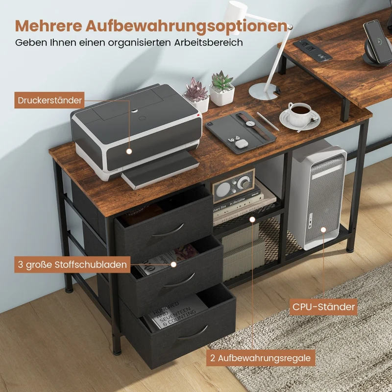 Costway 2-in-1 PC Tisch, verwandelbarer Eckschreibtisch oder 205 cm Computertisch, mit Steckdose, 2 USB-Anschlüssen, 3 Schubladen und Ablage
