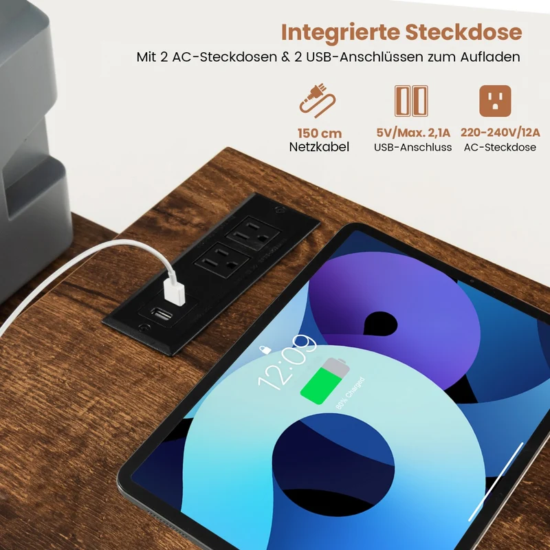 Costway 2-in-1 PC Tisch, verwandelbarer Eckschreibtisch oder 205 cm Computertisch, mit Steckdose, 2 USB-Anschlüssen, 3 Schubladen und Ablage