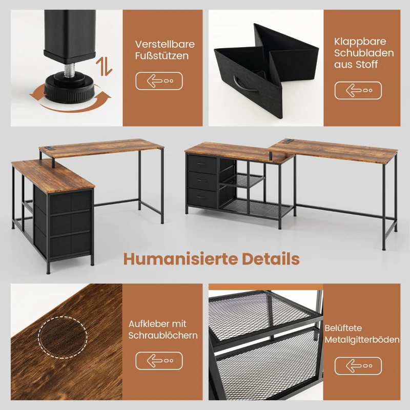 Costway 2-in-1 PC Tisch, verwandelbarer Eckschreibtisch oder 205 cm Computertisch, mit Steckdose, 2 USB-Anschlüssen, 3 Schubladen und Ablage