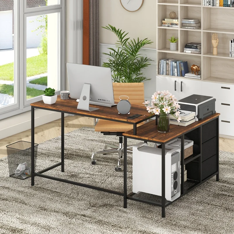 Costway 2-in-1 PC Tisch, verwandelbarer Eckschreibtisch oder 205 cm Computertisch, mit Steckdose, 2 USB-Anschlüssen, 3 Schubladen und Ablage