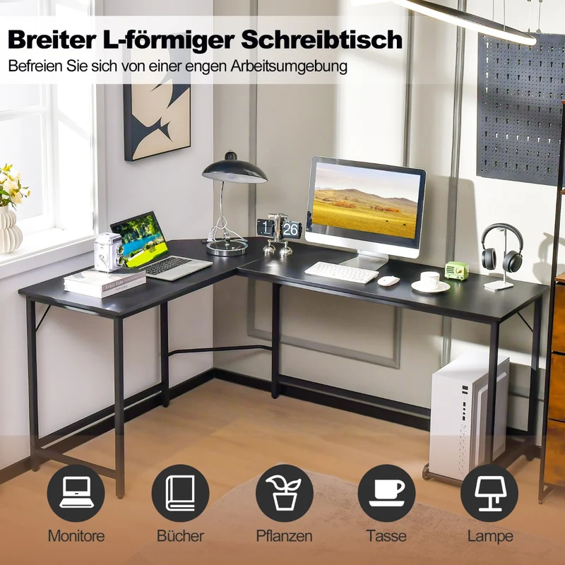 Costway - Schreibtisch L Form, PC Tisch, Schreibtisch groß, L Schreibtisch, mit Steckdose & CPU-Ständer & Robustem Metallrahmen, Schwarz