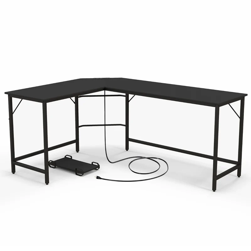 Costway - Schreibtisch L Form, PC Tisch, Schreibtisch groß, L Schreibtisch, mit Steckdose & CPU-Ständer & Robustem Metallrahmen, Schwarz