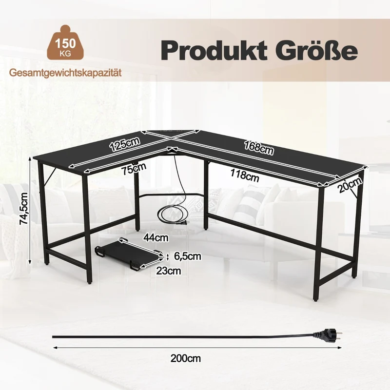 Costway - Schreibtisch L Form, PC Tisch, Schreibtisch groß, L Schreibtisch, mit Steckdose & CPU-Ständer & Robustem Metallrahmen, Schwarz